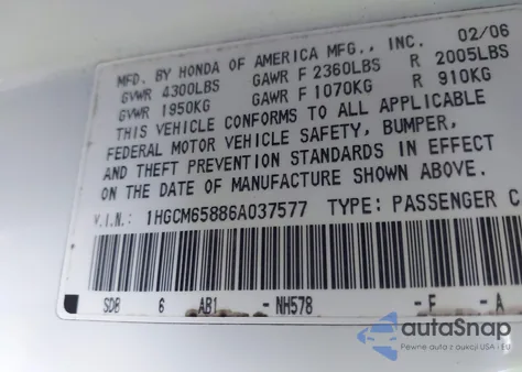 2006 Honda Accord 3.0 Ex из США, поврежденный, VIN 1HGCM65886A037577